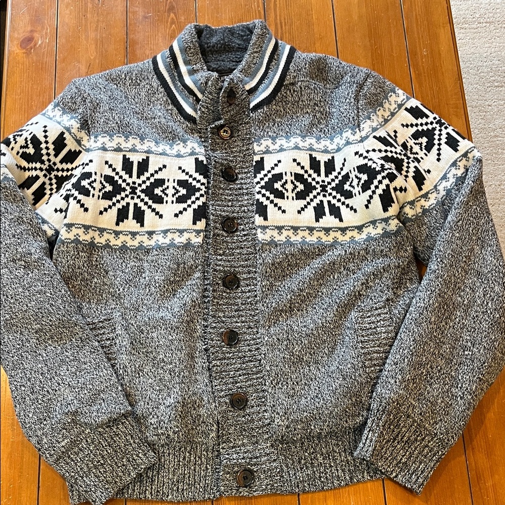 Buffalo David Bitton Gray Fair Isle Sherpa Lined Cardigan Men’s Size Large
